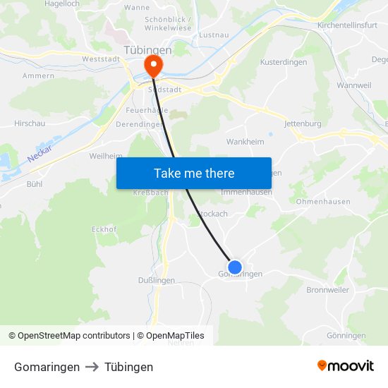 Gomaringen to Tübingen map