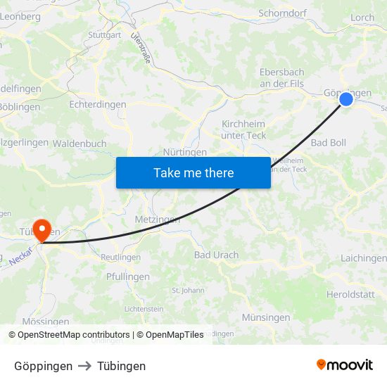 Göppingen to Tübingen map