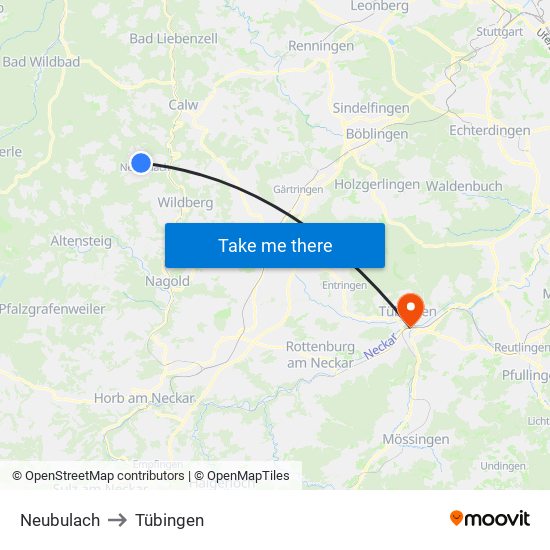 Neubulach to Tübingen map