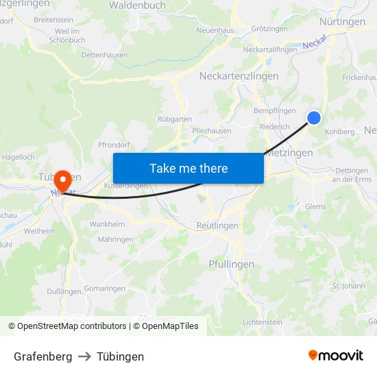 Grafenberg to Tübingen map