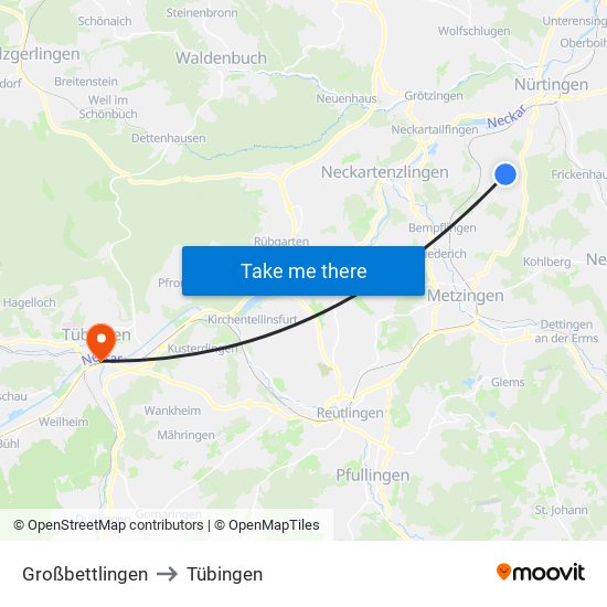 Großbettlingen to Tübingen map