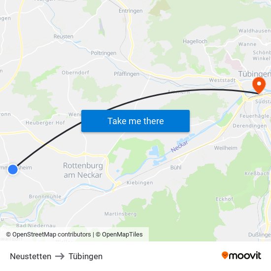 Neustetten to Tübingen map