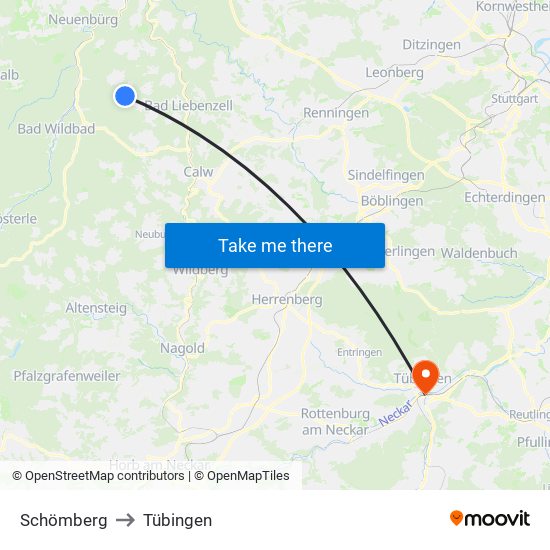 Schömberg to Tübingen map