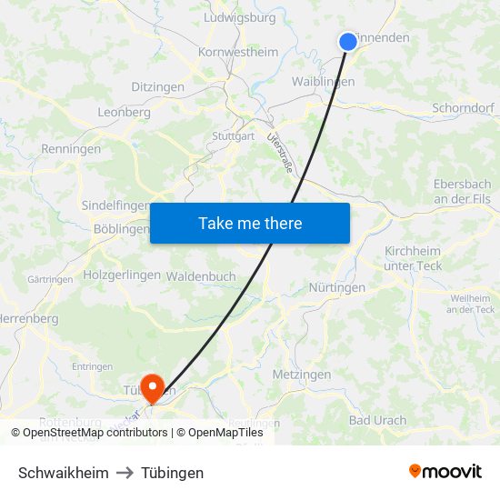 Schwaikheim to Tübingen map