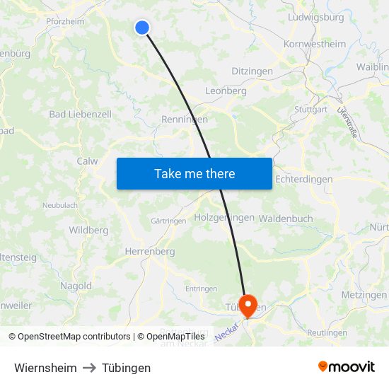 Wiernsheim to Tübingen map