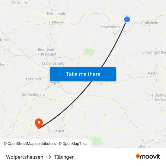 Wolpertshausen to Tübingen map