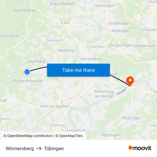 Wörnersberg to Tübingen map