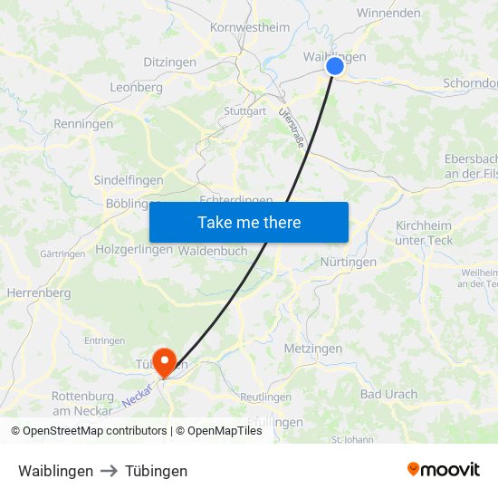 Waiblingen to Tübingen map