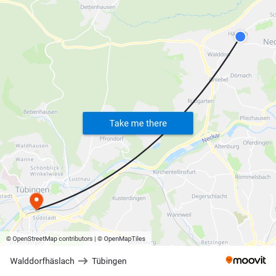 Walddorfhäslach to Tübingen map