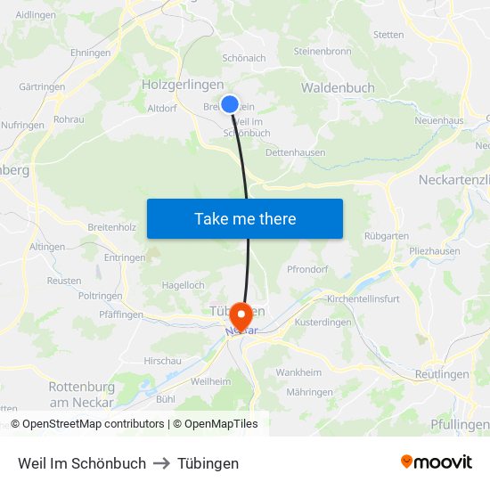 Weil Im Schönbuch to Tübingen map