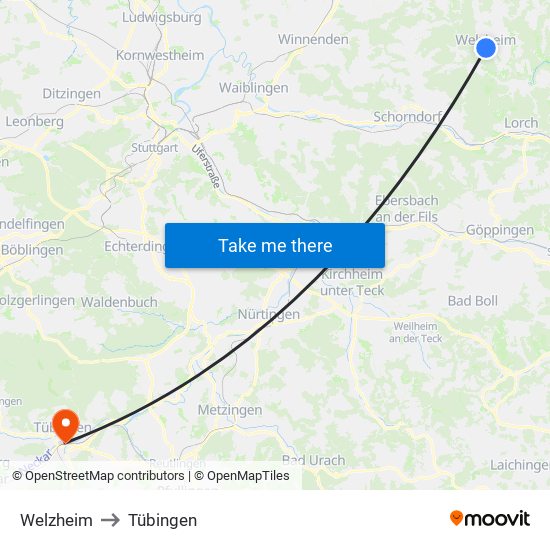 Welzheim to Tübingen map