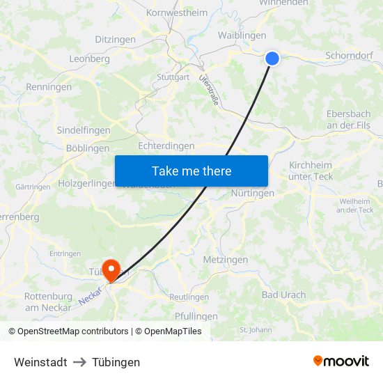 Weinstadt to Tübingen map