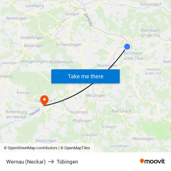 Wernau (Neckar) to Tübingen map