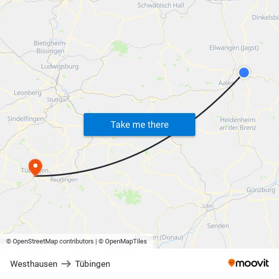 Westhausen to Tübingen map