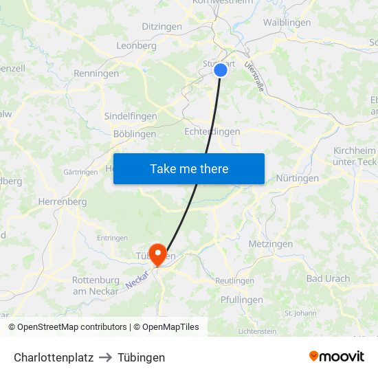 Charlottenplatz to Tübingen map