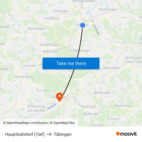 Hauptbahnhof (Tief) to Tübingen map