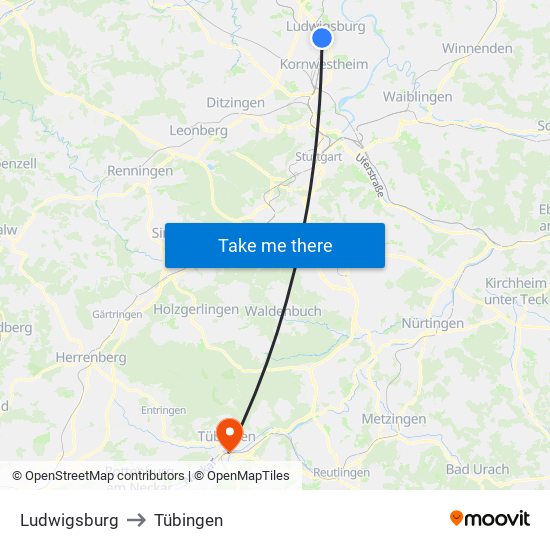 Ludwigsburg to Tübingen map