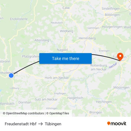 Freudenstadt Hbf to Tübingen map