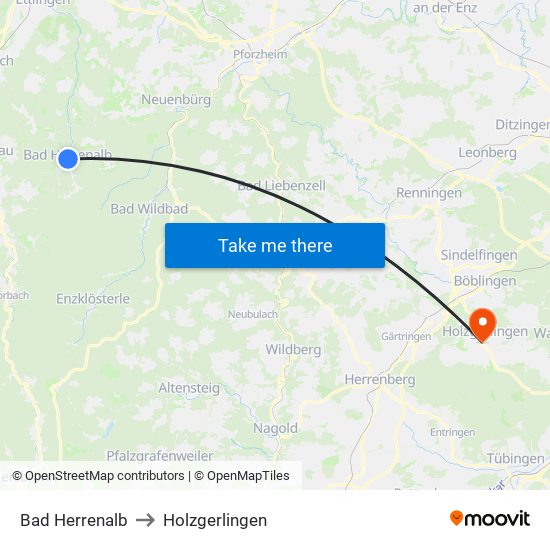 Bad Herrenalb to Holzgerlingen map