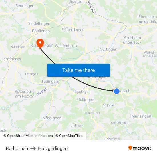 Bad Urach to Holzgerlingen map
