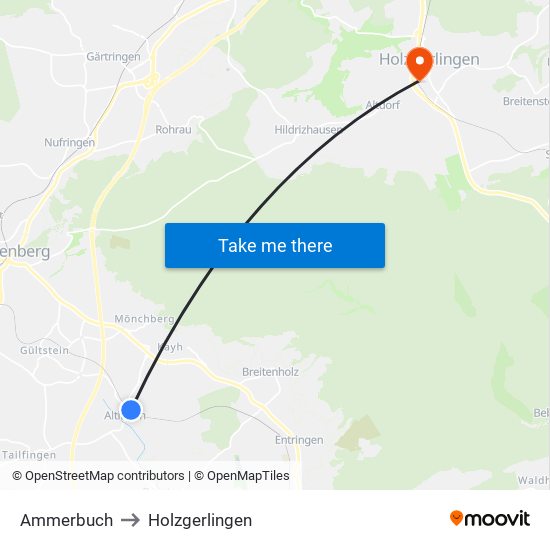 Ammerbuch to Holzgerlingen map