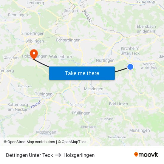 Dettingen Unter Teck to Holzgerlingen map