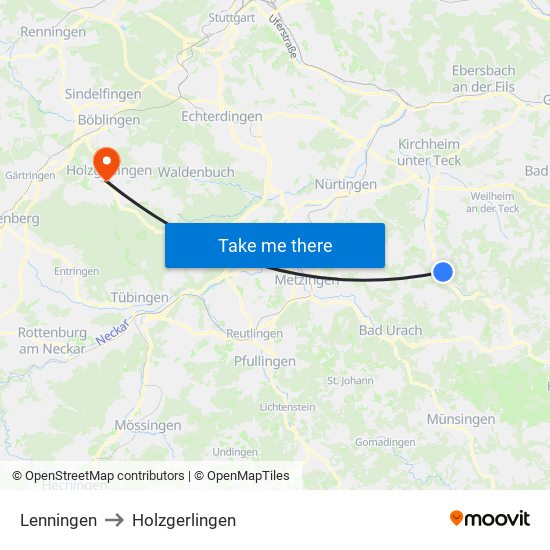 Lenningen to Holzgerlingen map