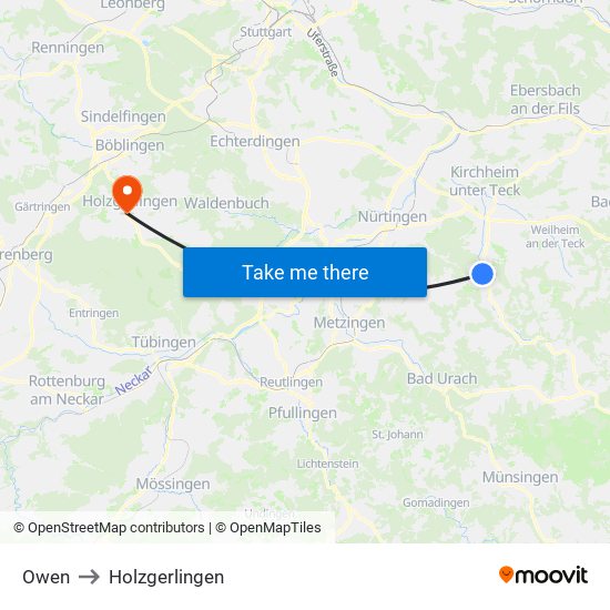 Owen to Holzgerlingen map