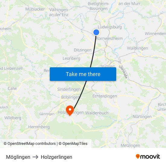 Möglingen to Holzgerlingen map
