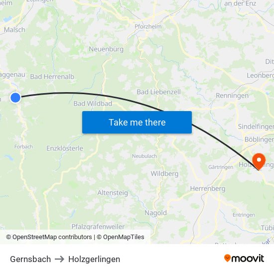 Gernsbach to Holzgerlingen map