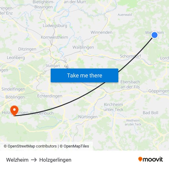 Welzheim to Holzgerlingen map