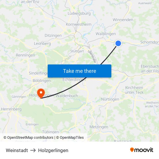 Weinstadt to Holzgerlingen map