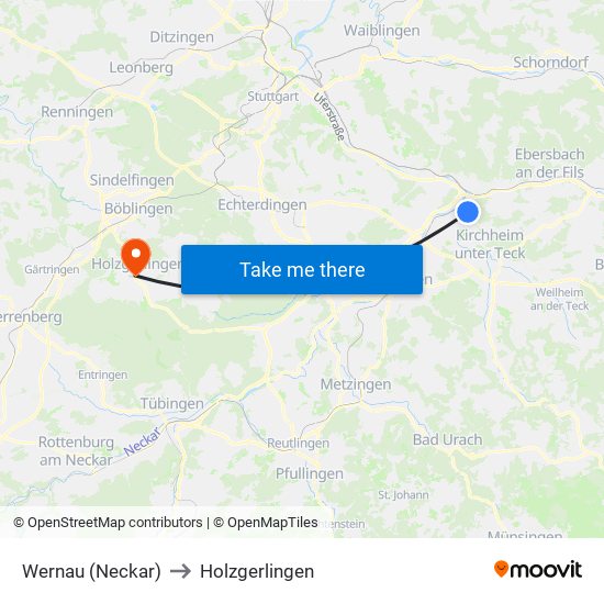 Wernau (Neckar) to Holzgerlingen map