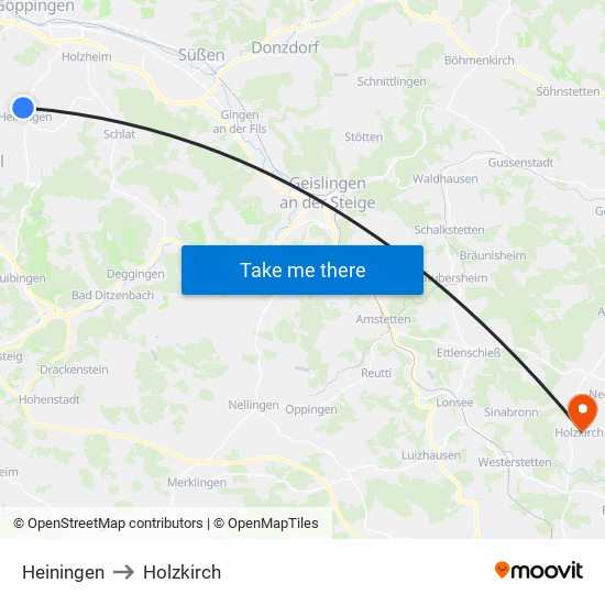 Heiningen to Holzkirch map