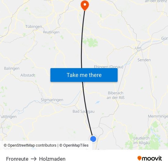 Fronreute to Holzmaden map