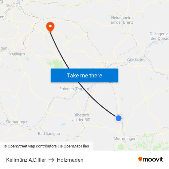 Kellmünz A.D.Iller to Holzmaden map