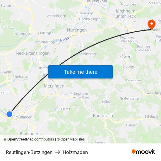 Reutlingen-Betzingen to Holzmaden map