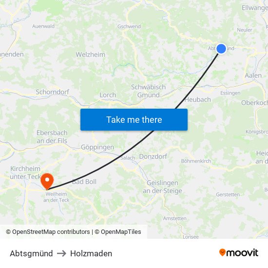 Abtsgmünd to Holzmaden map