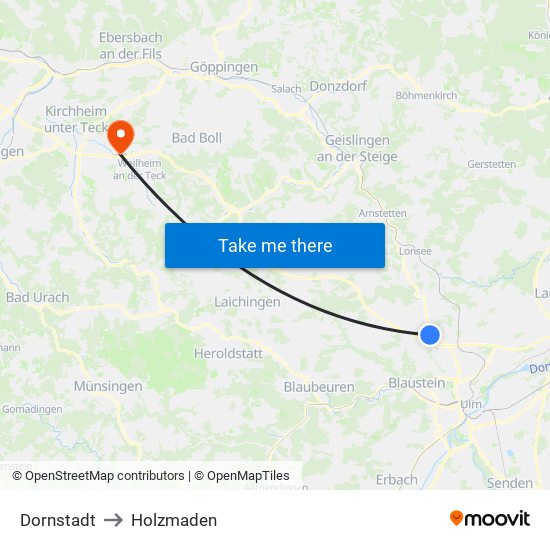 Dornstadt to Holzmaden map