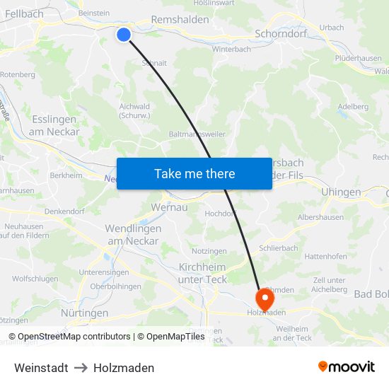 Weinstadt to Holzmaden map