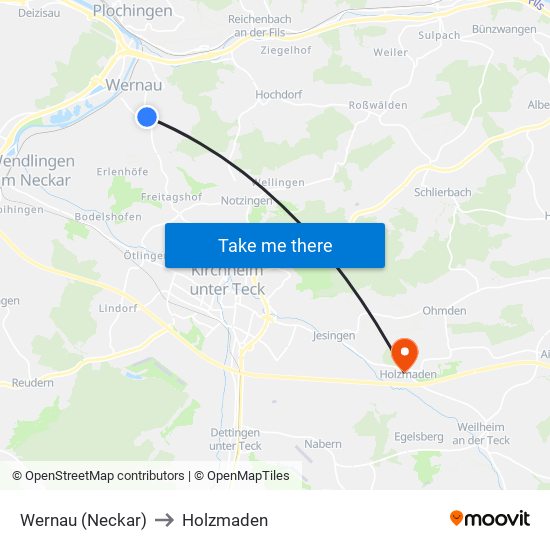Wernau (Neckar) to Holzmaden map