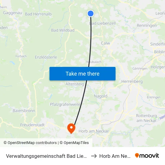 Verwaltungsgemeinschaft Bad Liebenzell to Horb Am Neckar map