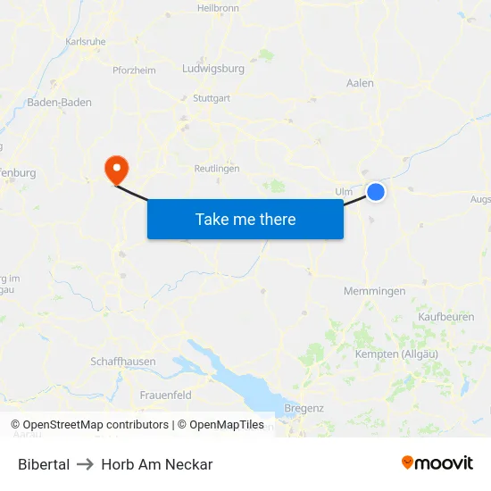 Bibertal to Horb Am Neckar map