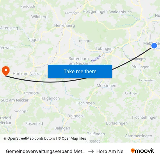 Gemeindeverwaltungsverband Metzingen to Horb Am Neckar map