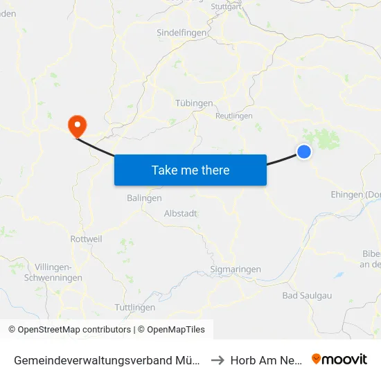 Gemeindeverwaltungsverband Münsingen to Horb Am Neckar map