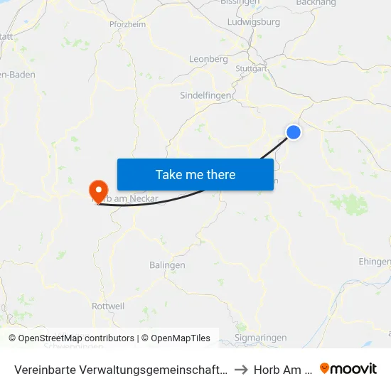 Vereinbarte Verwaltungsgemeinschaft Der Stadt Nürtingen to Horb Am Neckar map