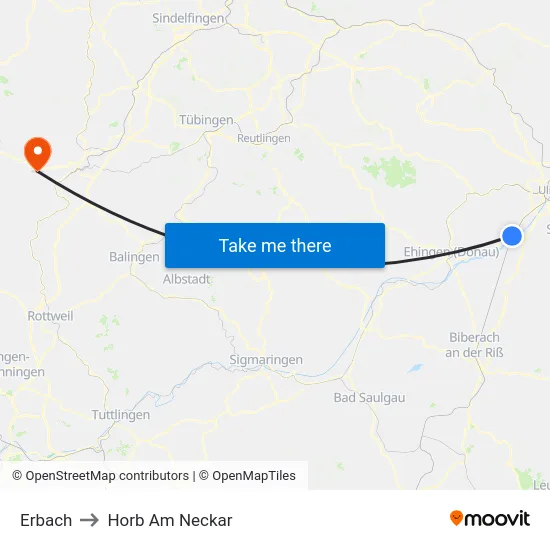 Erbach to Horb Am Neckar map