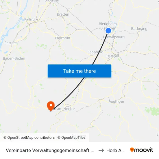 Vereinbarte Verwaltungsgemeinschaft Der Stadt Bietigheim-Bissingen to Horb Am Neckar map