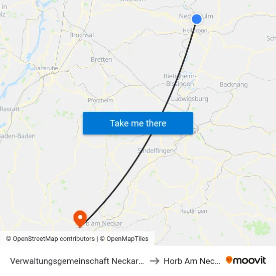 Verwaltungsgemeinschaft Neckarsulm to Horb Am Neckar map