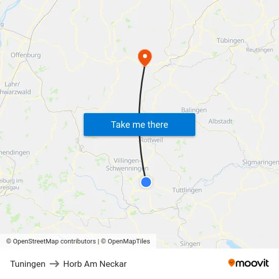 Tuningen to Horb Am Neckar map